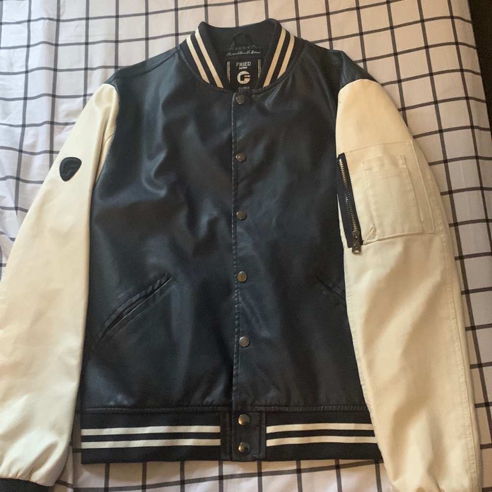 FRIED DENIM NYC Men's Size L Black/White Long Sleeve Snap Varsity Jacket